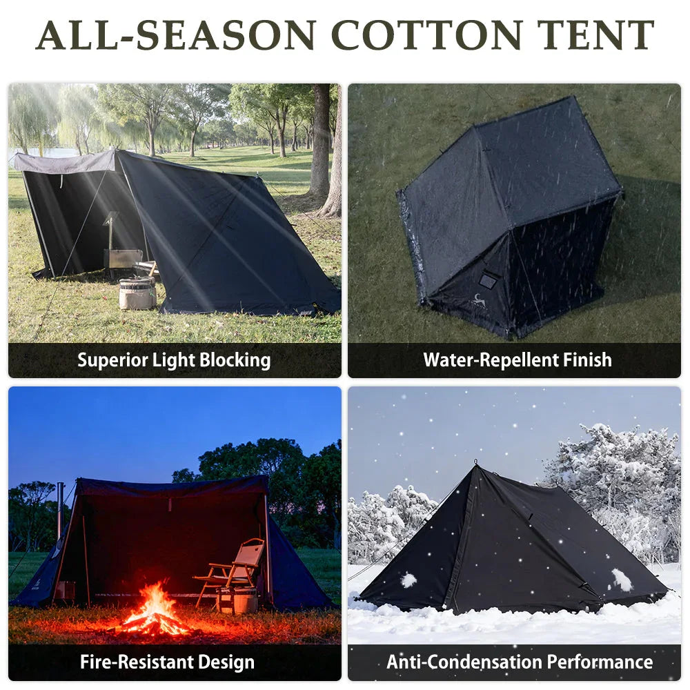 Black all-season cotton tent outdoors, shown with light blocking, water-repellent, fire-resistant, and anti-condensation features in different weather conditions.