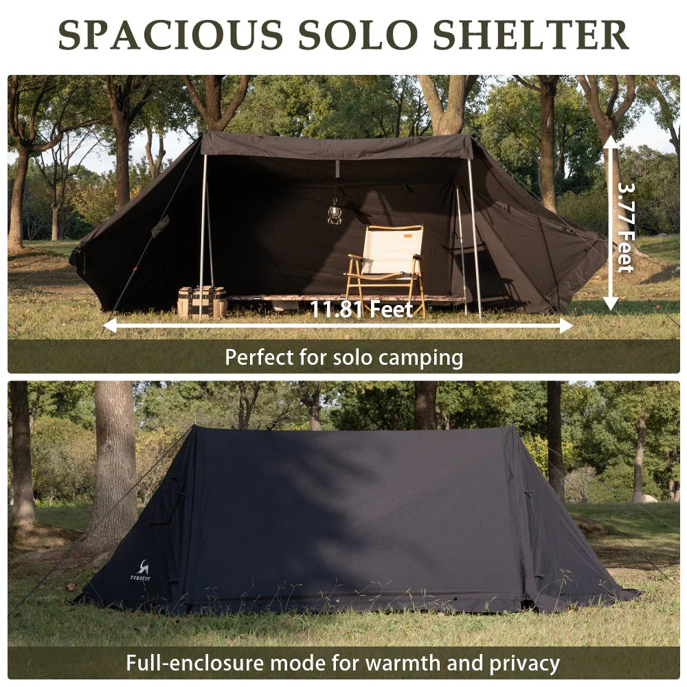 Spacious solo camping tent set up in forest, showing open and full-enclosure modes for privacy.