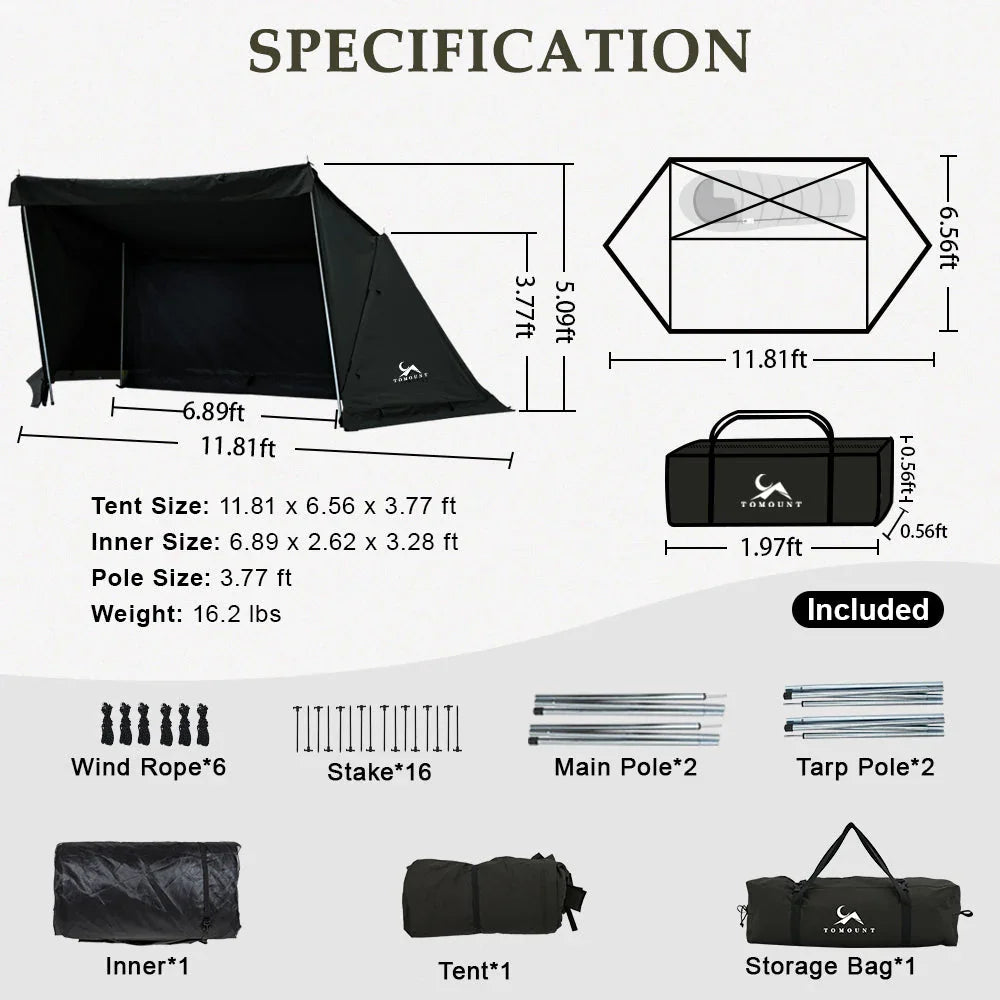 Black camping tent dimensions chart with included accessories and labeled parts