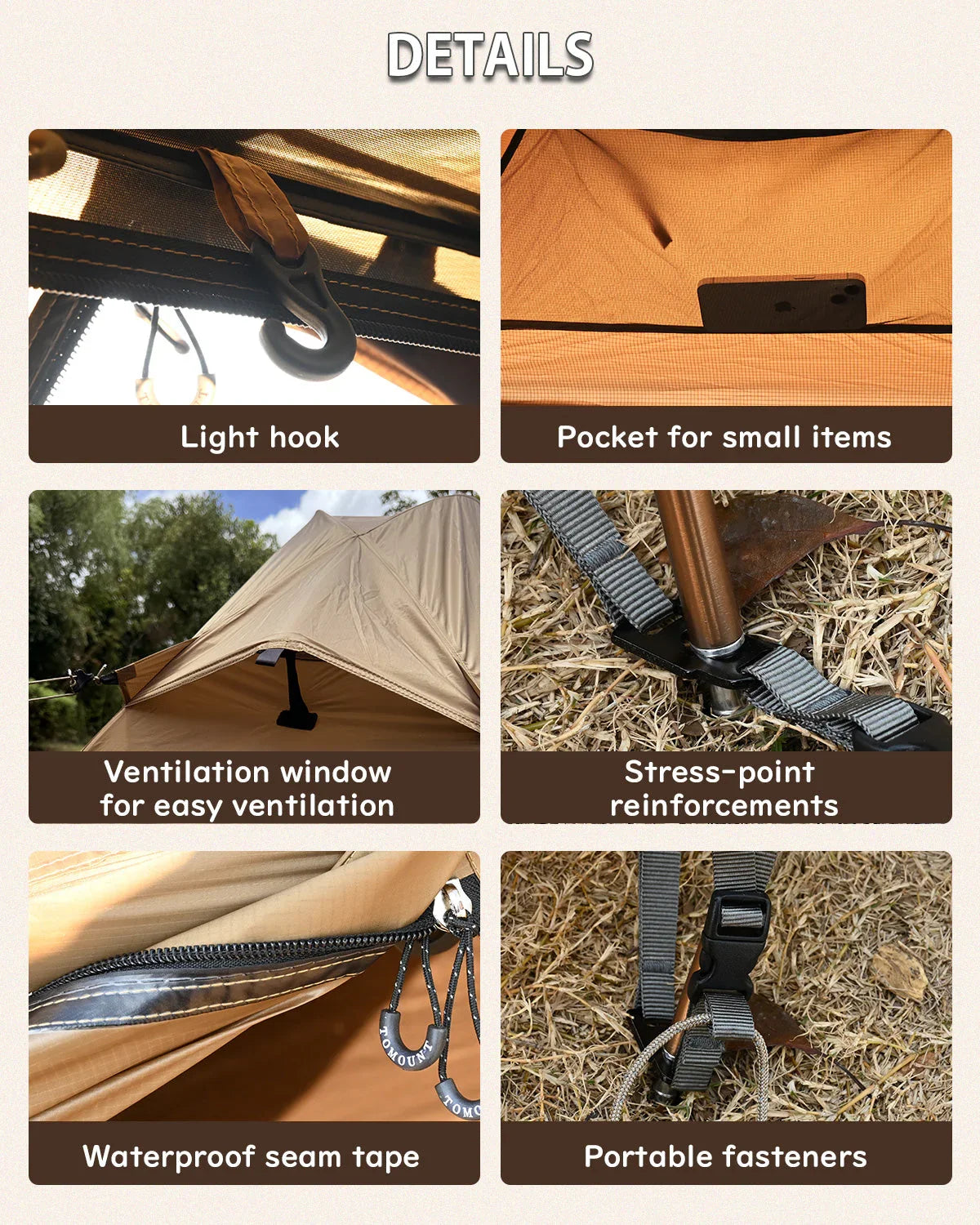 Camping tent features including light hook, item pocket, ventilation window, stress-point reinforcements, waterproof seam tape, and portable fasteners.