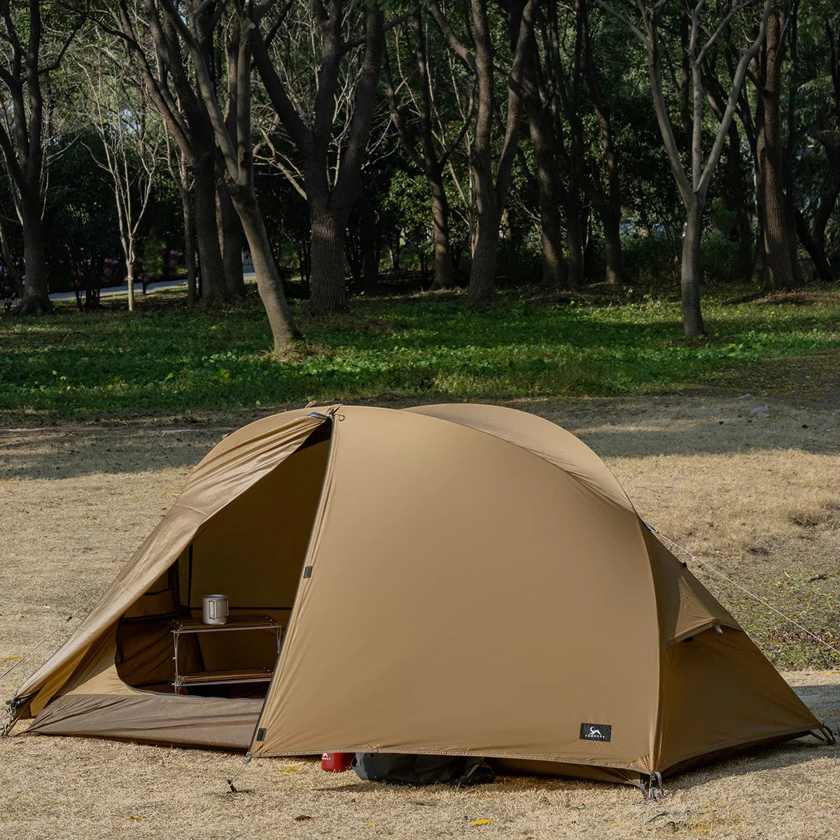 Brown dome camping tent set up on dry grass near a forested area, with camping gear visible