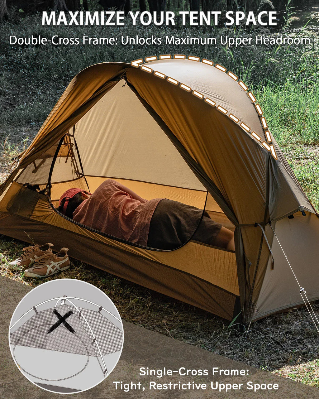 Lightweight camping tent with double-cross frame, person lying inside for maximum headroom, outdoor setting