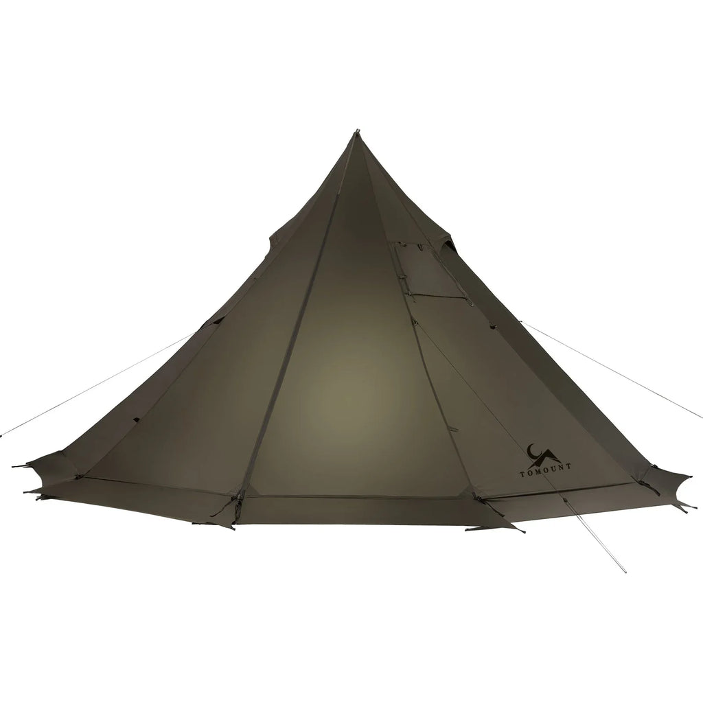 Large brown teepee-style camping tent with guy lines and front entrance visible