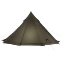 Large brown teepee-style camping tent with guy lines and front entrance visible