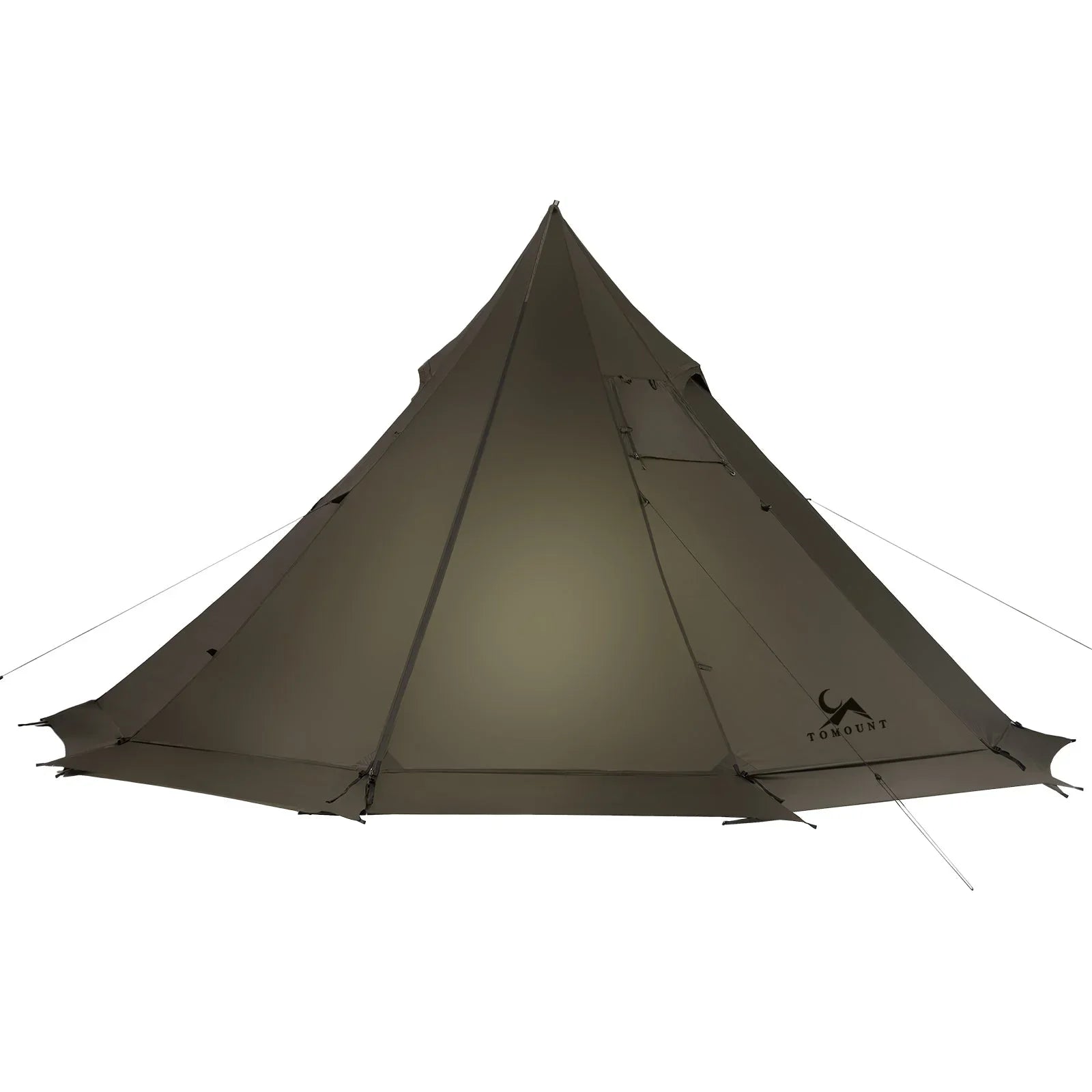 Large brown teepee-style camping tent with guy lines and front entrance visible