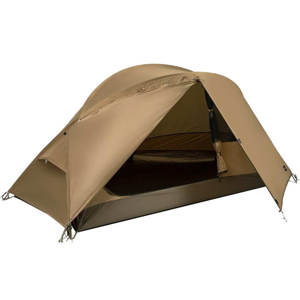 Lightweight tan camping tent with open door, suitable for outdoor and backpacking use