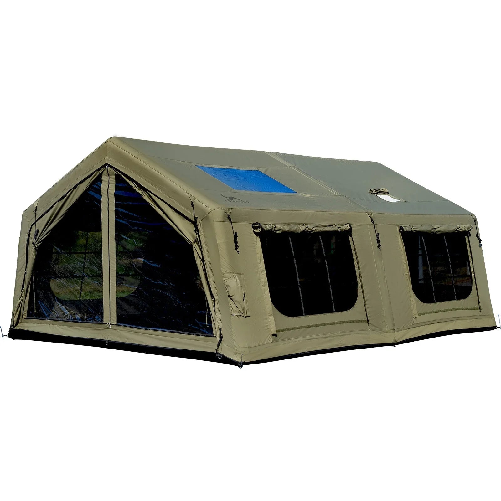 Large green canvas camping tent with clear windows and skylight, outdoor shelter