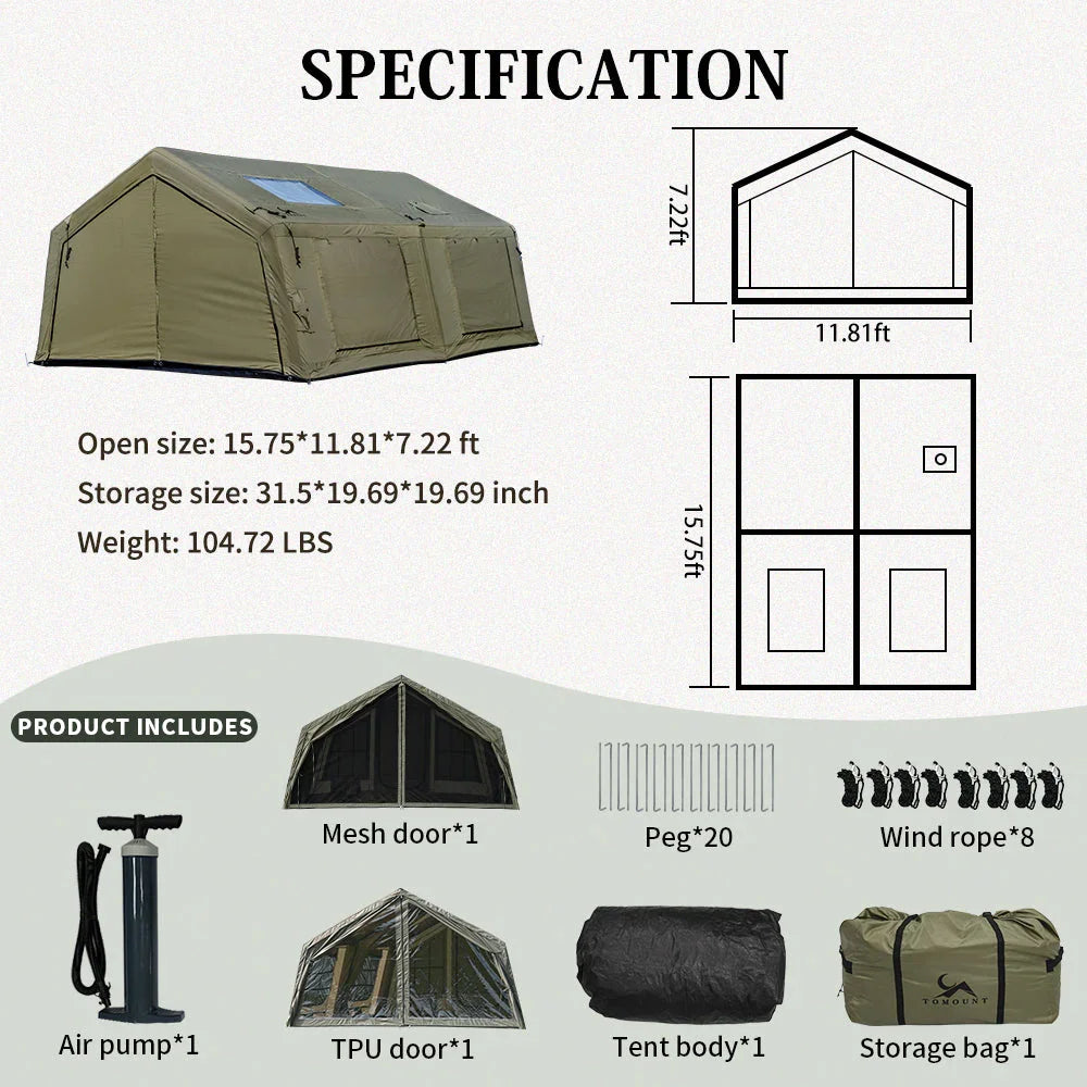 Large olive green outdoor tent with size diagram, included mesh and TPU doors, pegs, air pump, ropes, and storage bags.
