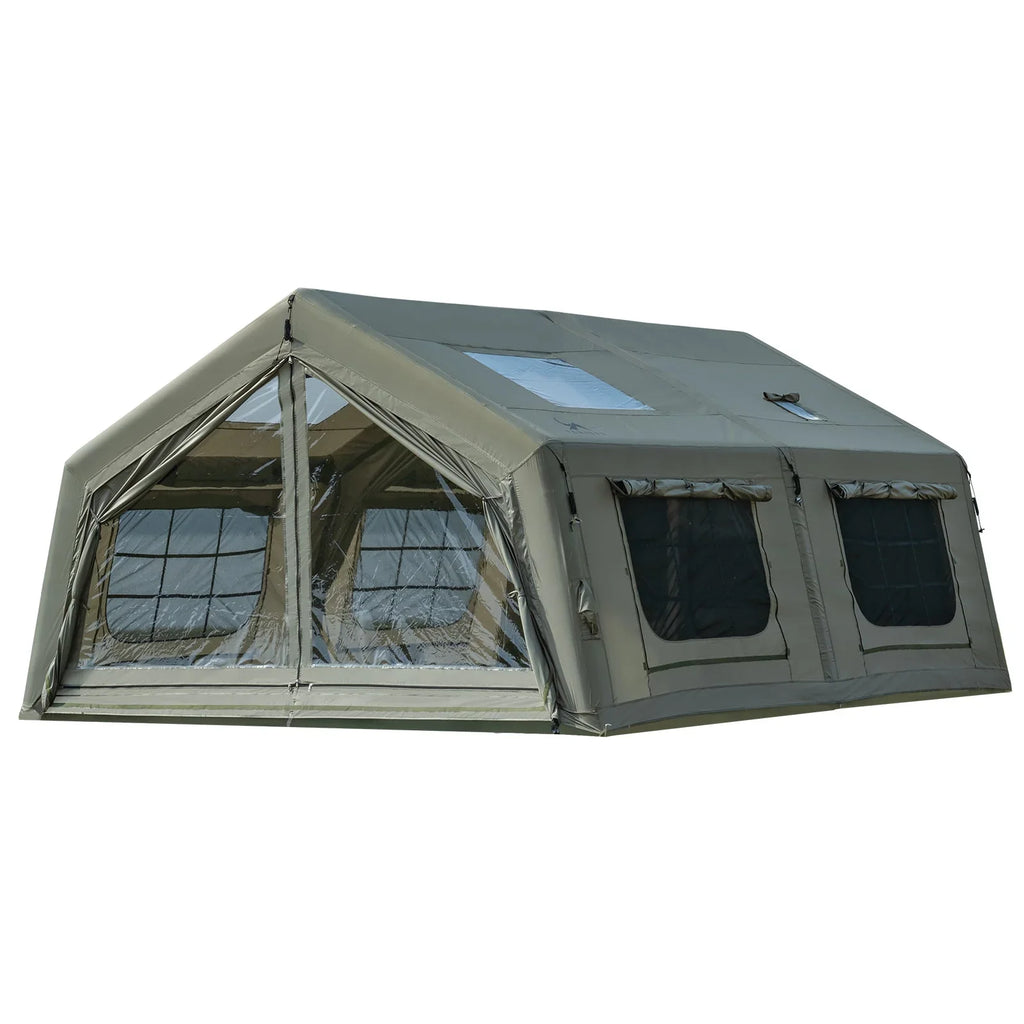 Large outdoor canvas tent with multiple windows and clear panels for camping