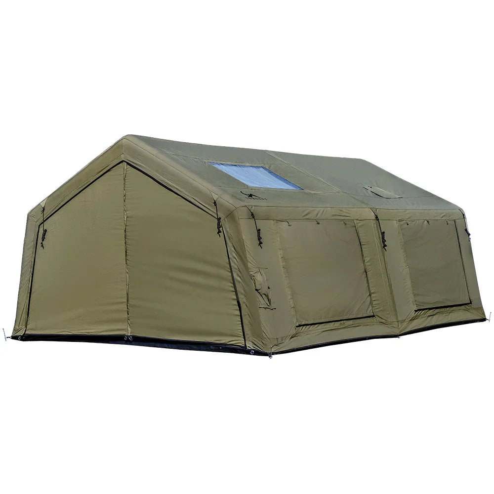 Large green outdoor camping tent with rectangular windows and zippered doors