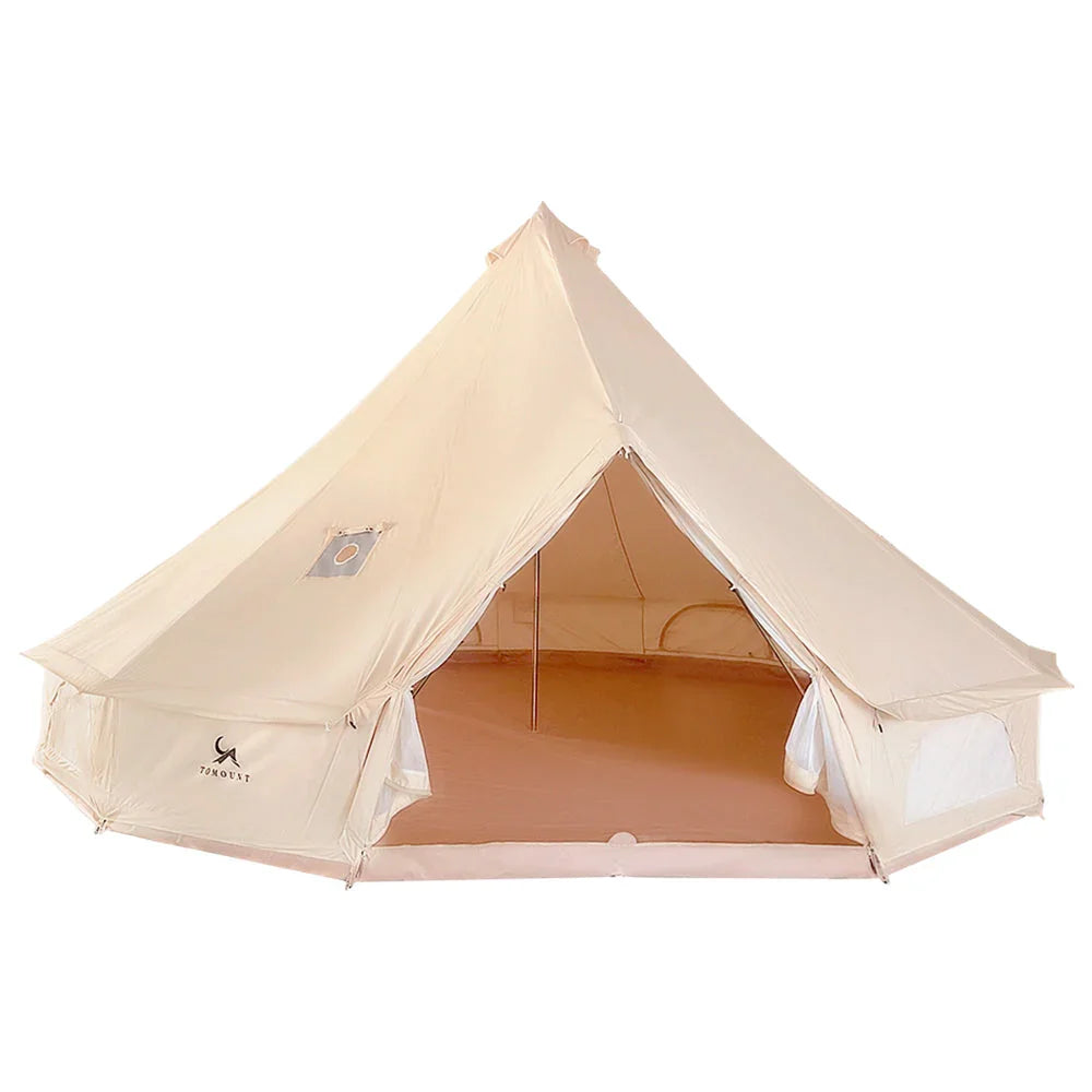 Large cream canvas bell tent with open entrance and mesh windows on white background