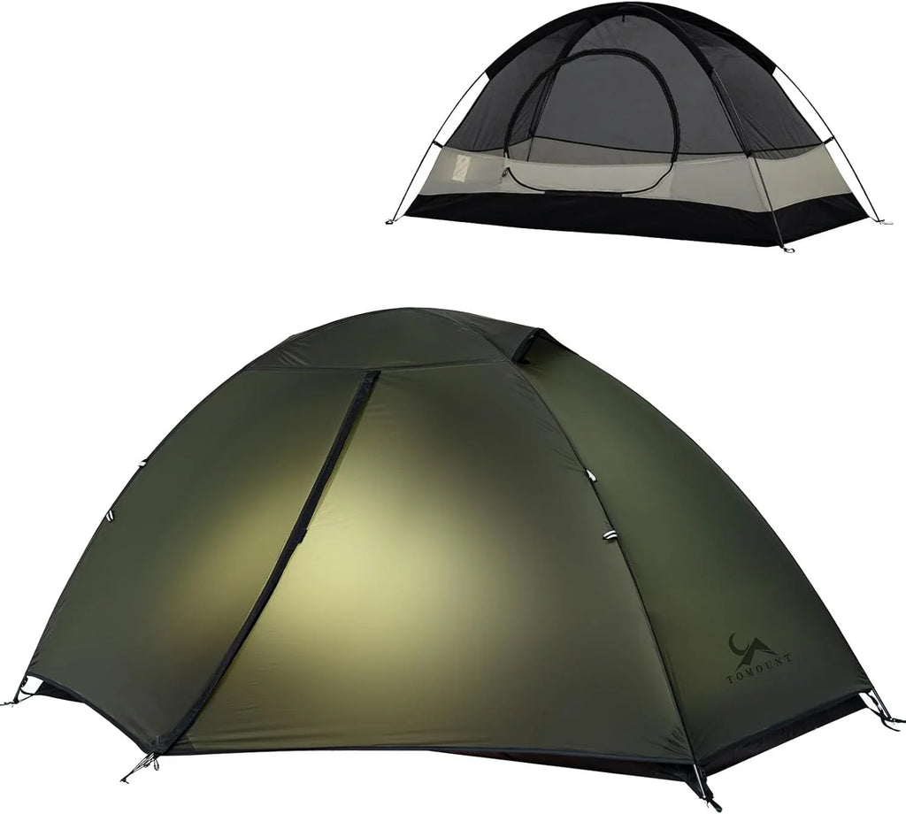 Lightweight green dome camping tent with mesh inner layer and waterproof rainfly.
