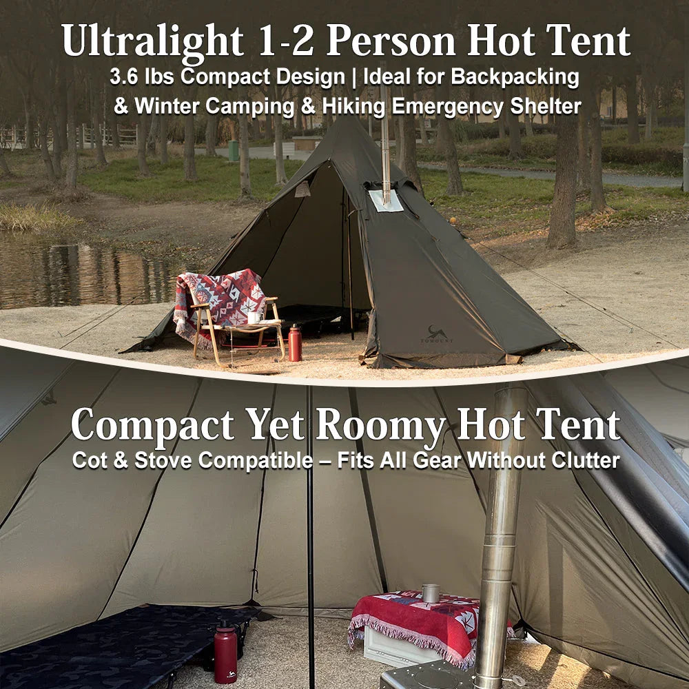 Ultralight 1-2 person hot tent set up outdoors, with cot, stove, and compact camping gear