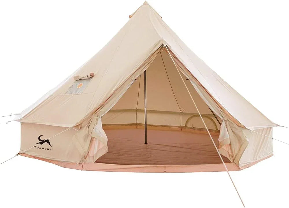 Large beige canvas bell tent for camping with open door and sturdy central pole