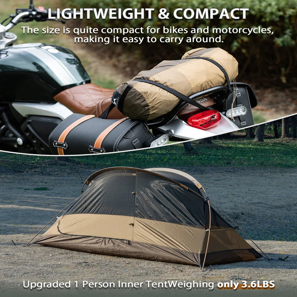 Lightweight compact camping tent strapped to motorcycle, shown set up outdoors, 1 person, 3.6 lbs