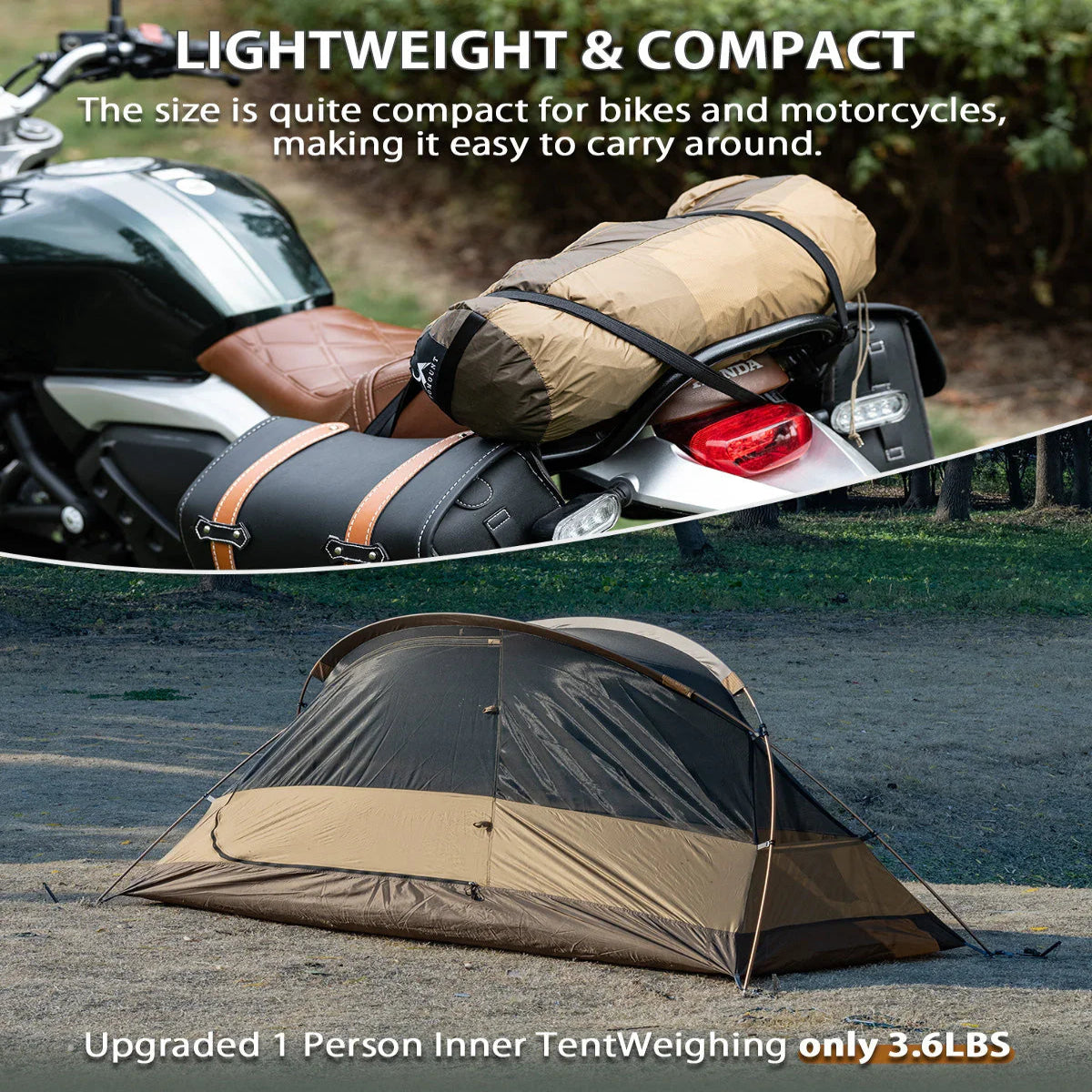 Lightweight compact camping tent strapped to motorcycle, shown set up outdoors, 1 person, 3.6 lbs