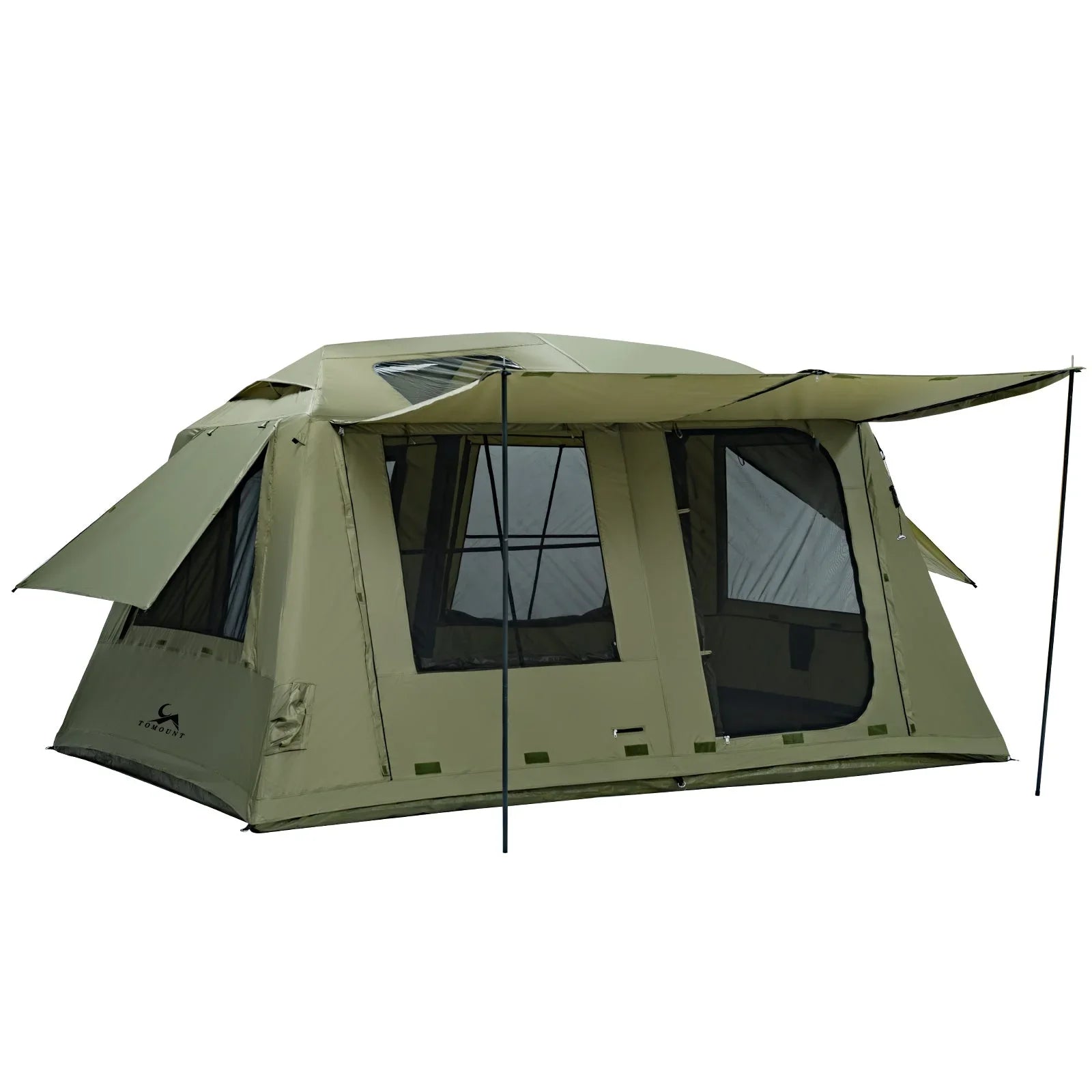 Large khaki canvas camping tent with multiple windows and extended awning setup