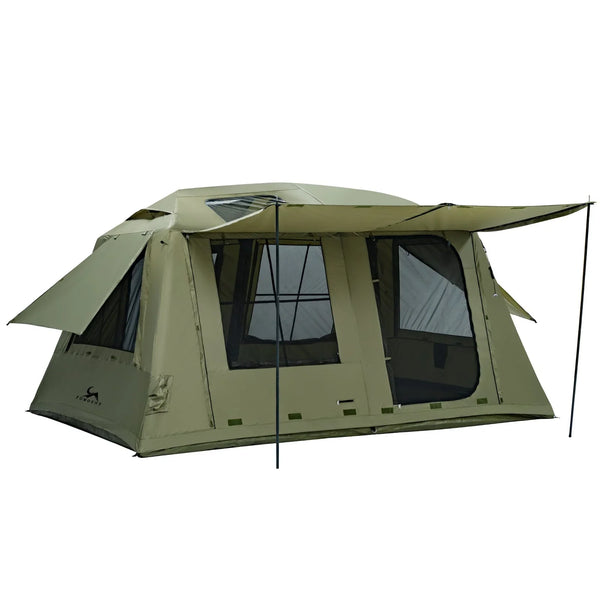 Large khaki canvas camping tent with multiple windows and extended awning setup