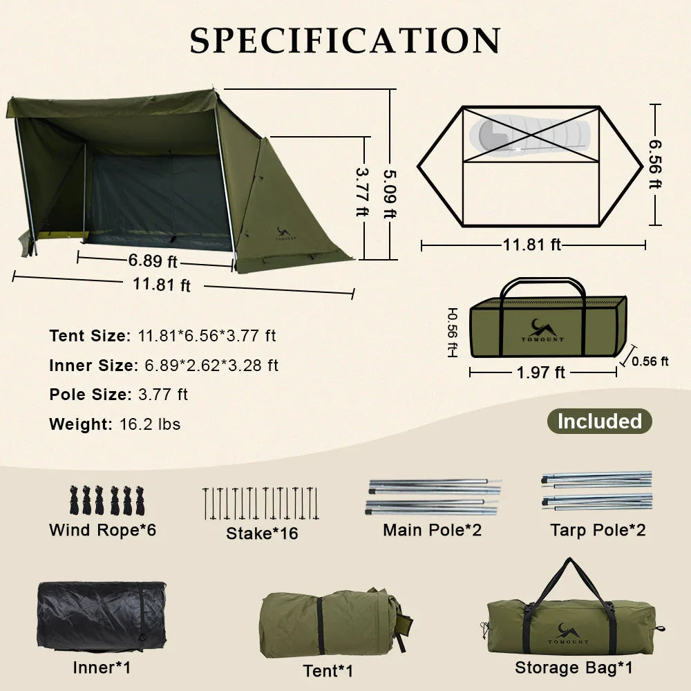Olive green camping tent with dimensions, included accessories like stakes, poles, ropes, and storage bags.