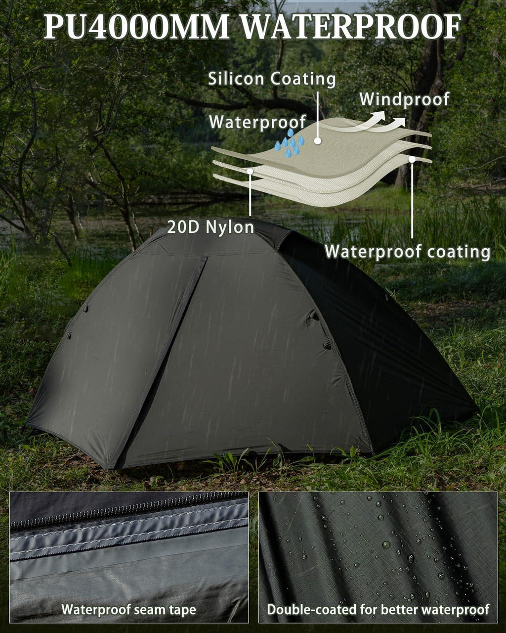 Waterproof camping tent with PU4000mm rating, 20D nylon, seam tape, double coating, pitched outdoors.