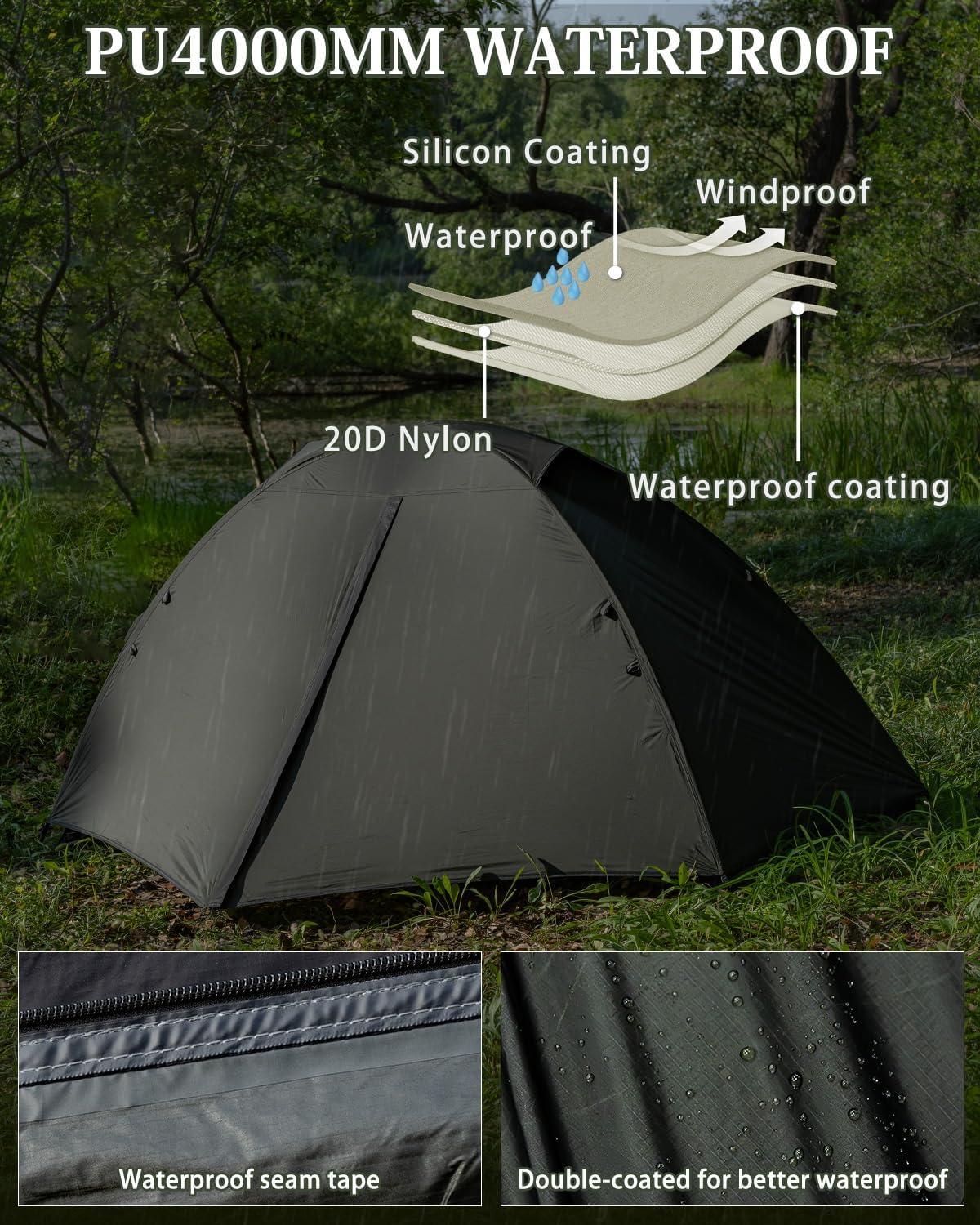 Waterproof camping tent with PU4000mm rating, 20D nylon, seam tape, double coating, pitched outdoors.