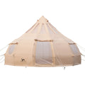 Large beige bell tent with mesh windows and multiple guy lines for outdoor camping