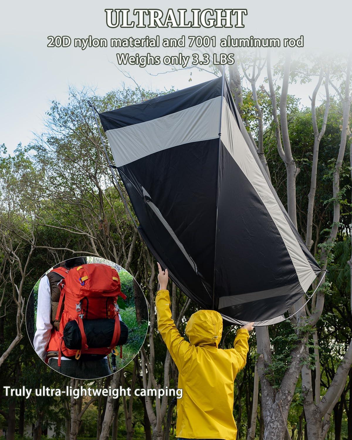 Person in yellow jacket holding ultralight black and gray camping tent outdoors, inset shows red backpack with tent packed.