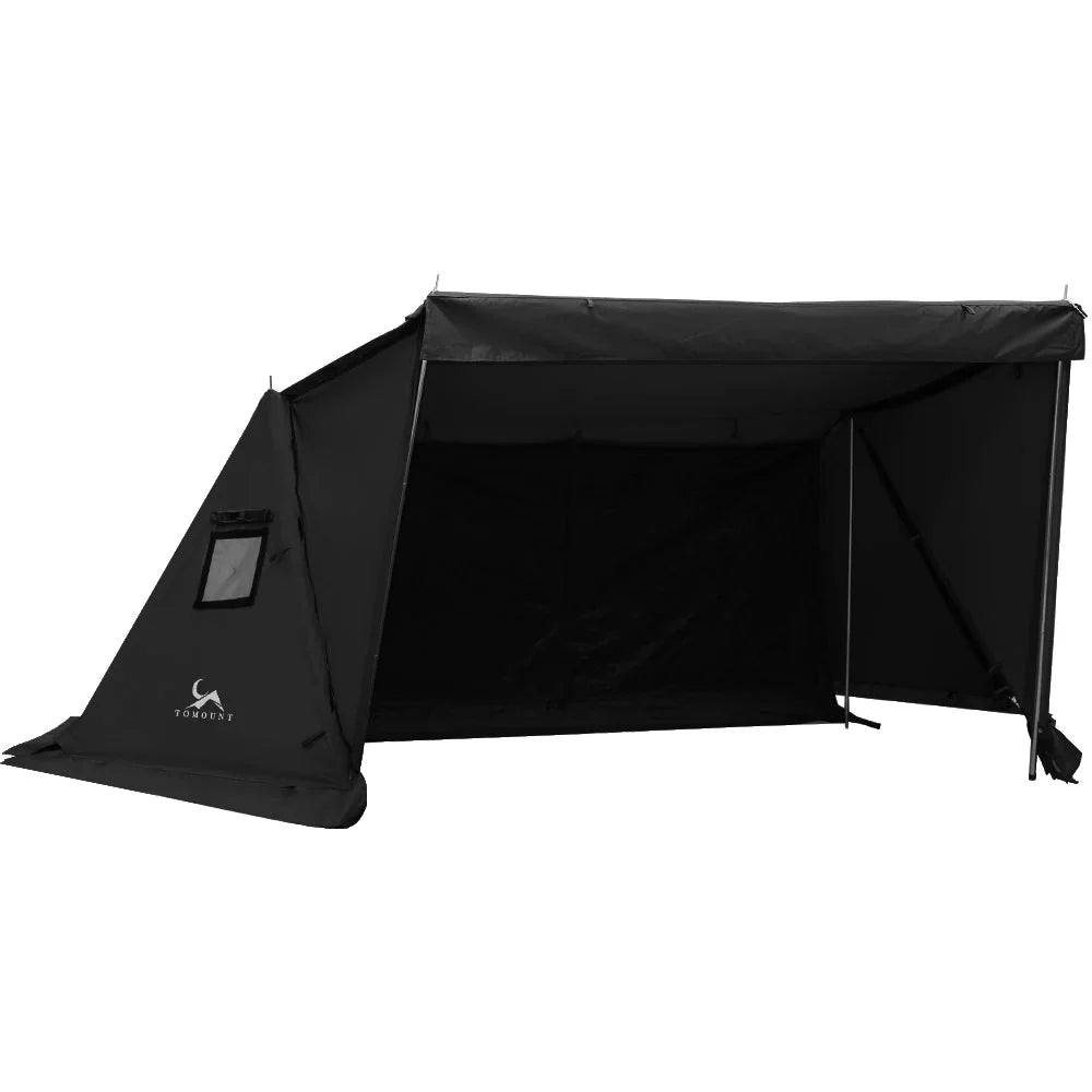 Black camping tent with open front, side window, and sturdy frame, ideal for outdoor shelter.