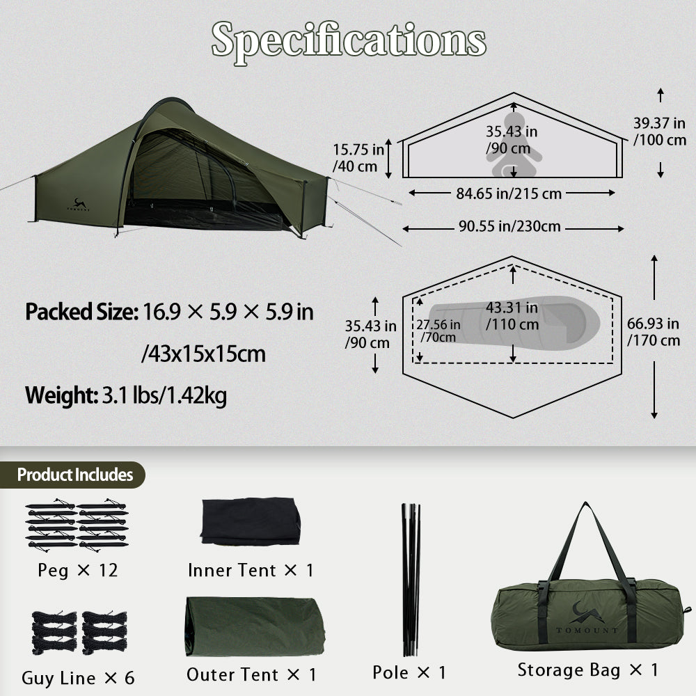 TOMOUNT Galle™ 1.5lb Ultralight 15D Nylon Solo Backpacking Tent
