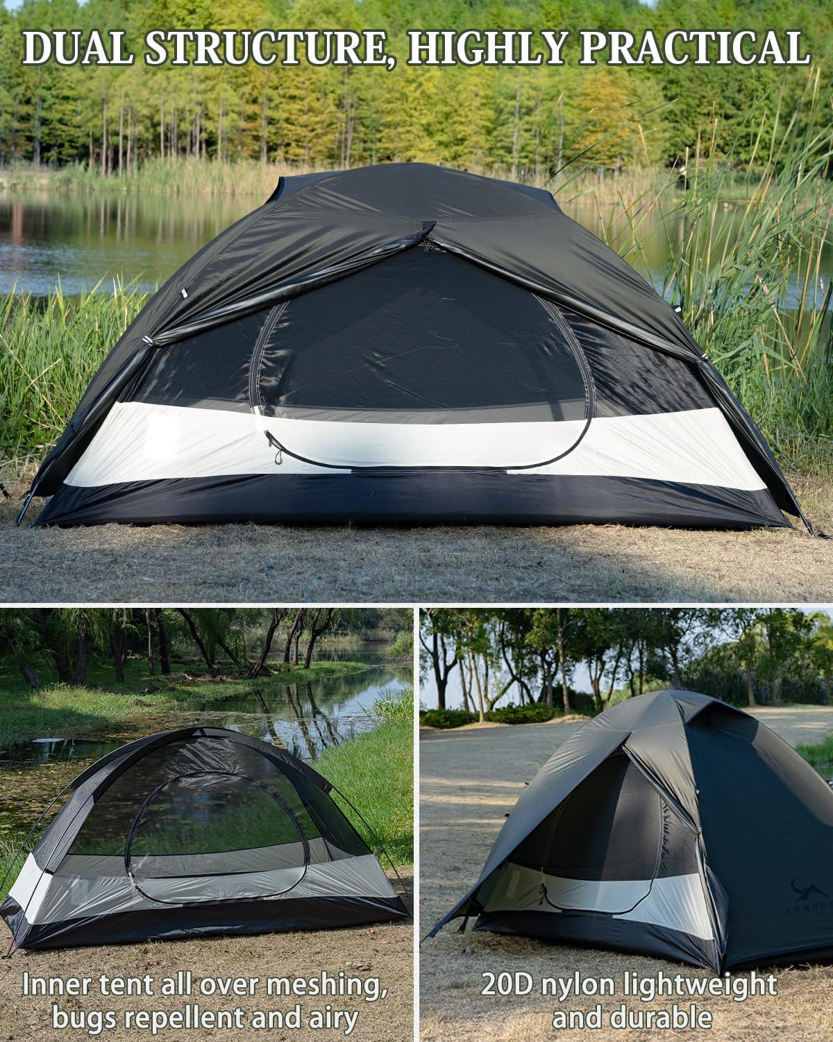 Lightweight dual structure camping tent with mesh panels, set up by a lake and forest