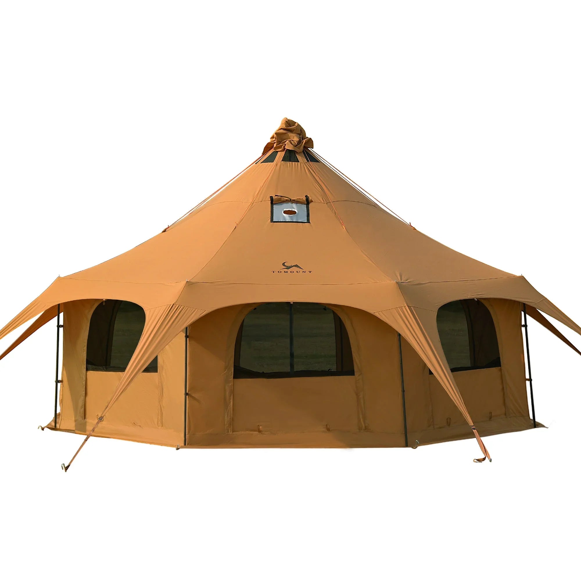 Large brown canvas camping tent with multiple windows and a peak roof, set outdoors.