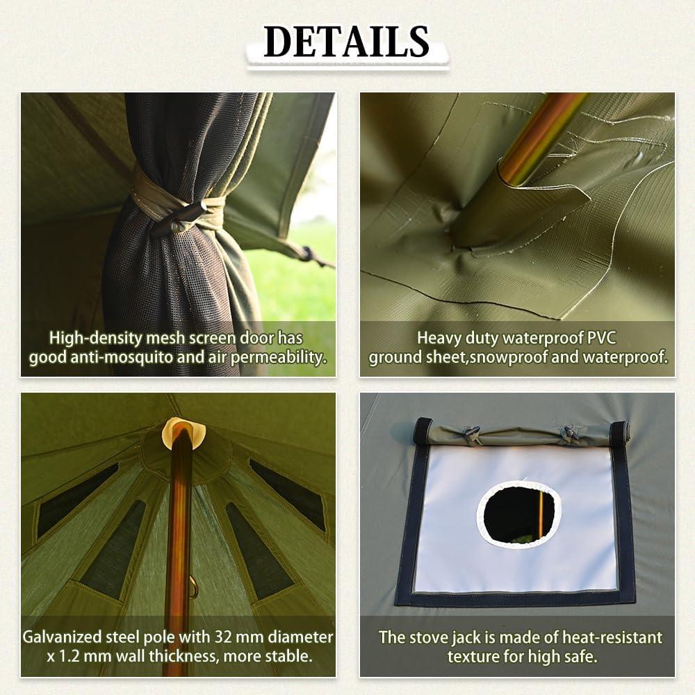 Tent details showing mesh screen door, waterproof PVC groundsheet, steel pole, and heat-resistant stove jack.