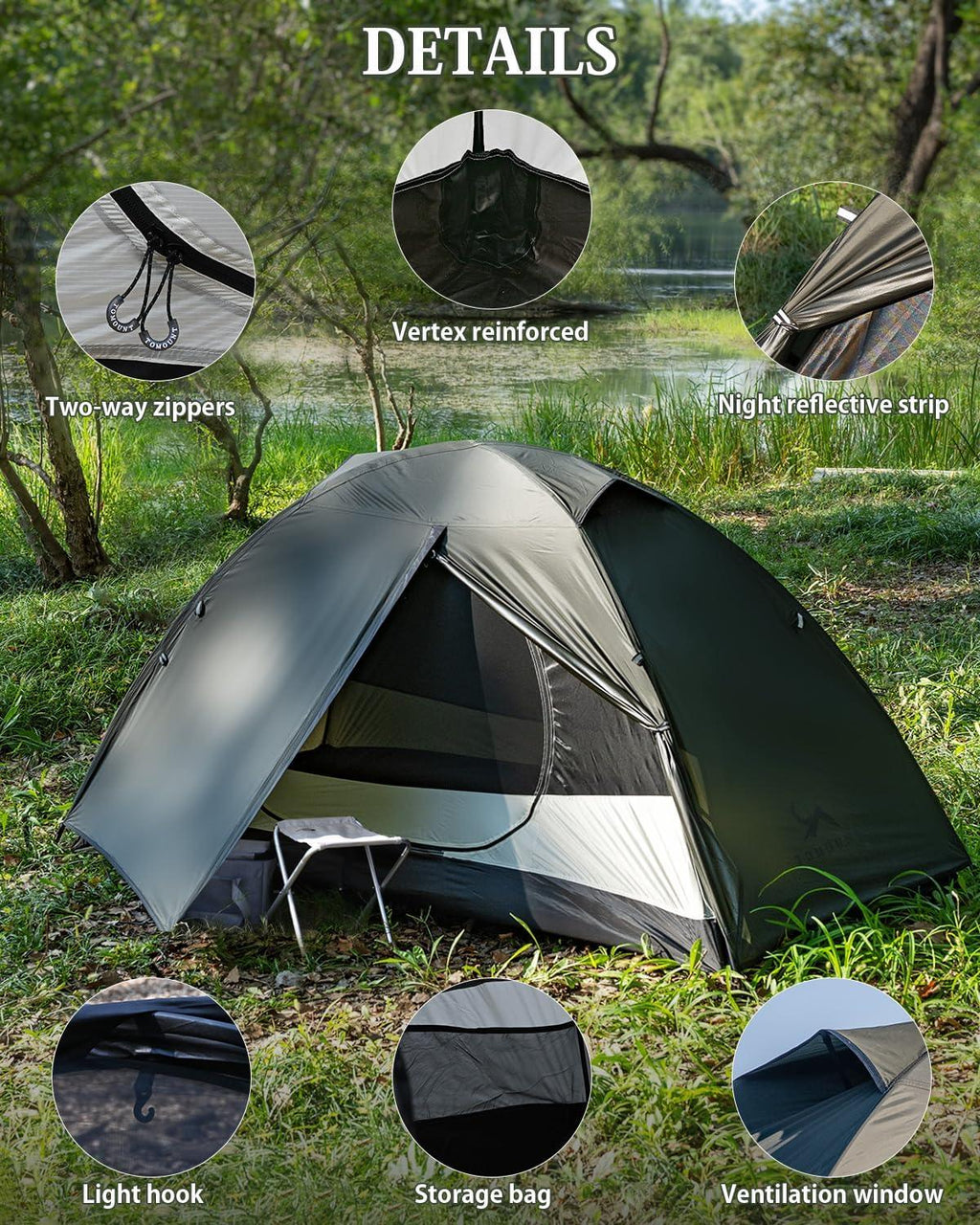 Camping tent with two-way zippers, reinforced vertex, night reflective strip, light hook, storage bag, and ventilation window in a forest setting.