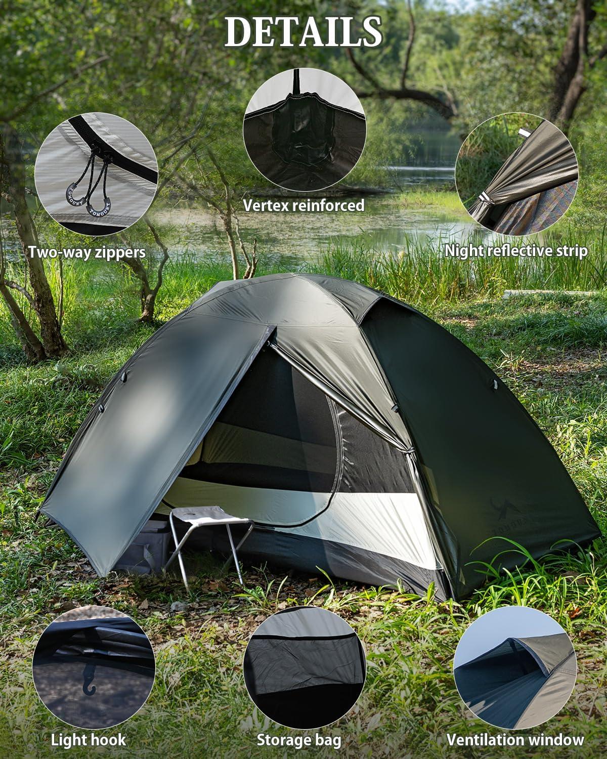 Camping tent with two-way zippers, reinforced vertex, night reflective strip, light hook, storage bag, and ventilation window in a forest setting.