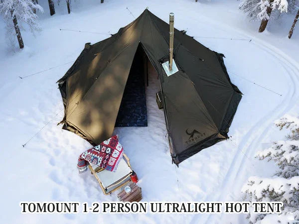Ultralight hot tent with stove setup for 1-2 people in snowy winter forest camping scene