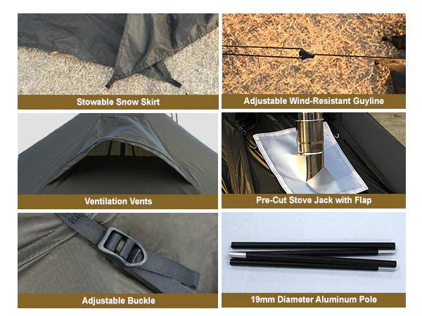 Tent features include snow skirt, wind-resistant guyline, ventilation vents, stove jack, adjustable buckle, and aluminum pole.