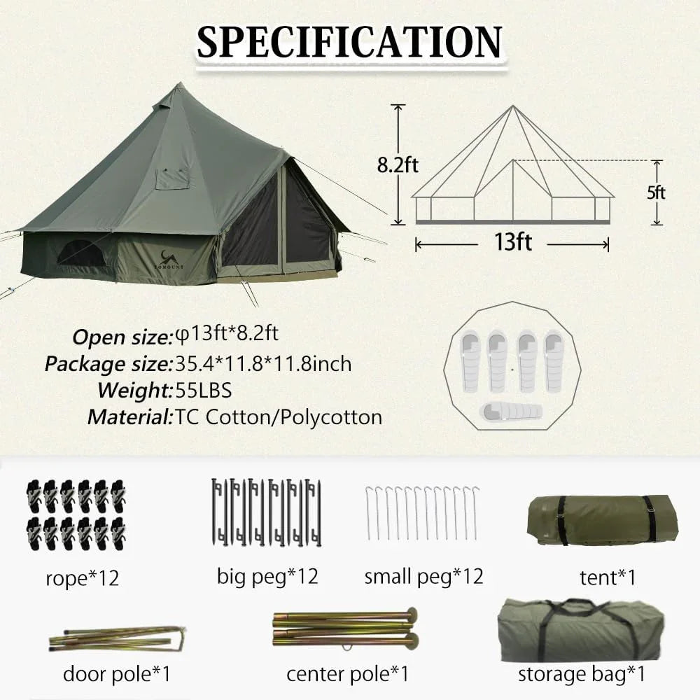 Canvas camping tent kit with specifications, ropes, pegs, poles, and storage bag displayed.