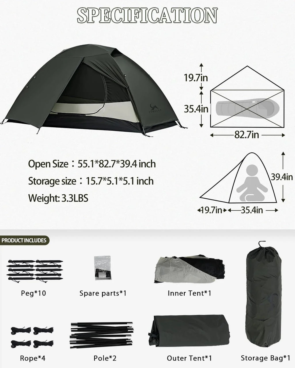 Lightweight camping tent specifications and kit contents, including poles, pegs, and storage bag.