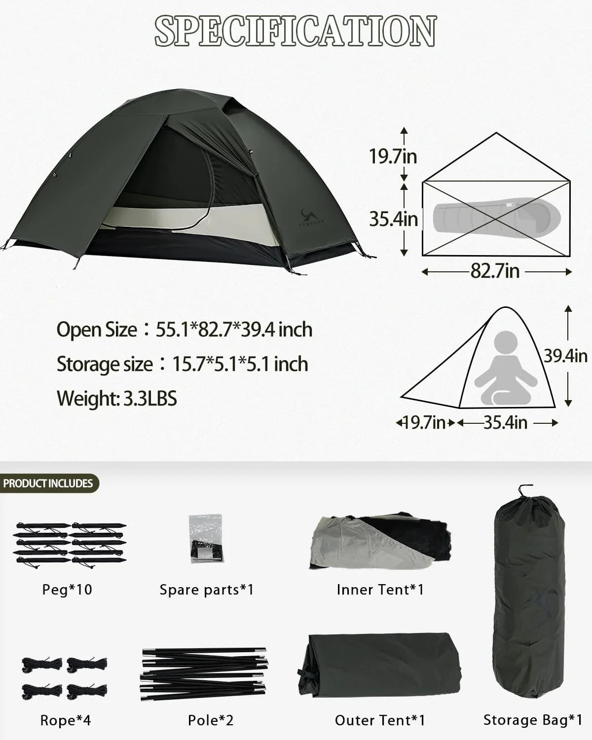 Lightweight camping tent specifications and kit contents, including poles, pegs, and storage bag.
