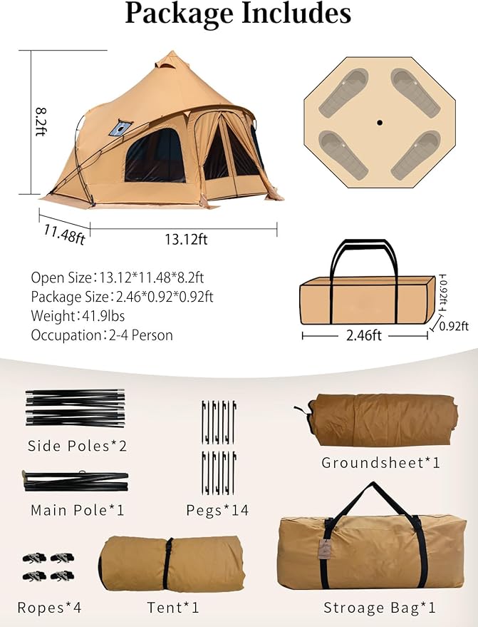TOMOUNT Outrod™ Canvas 4 Person Bell Tent with Stove Jack