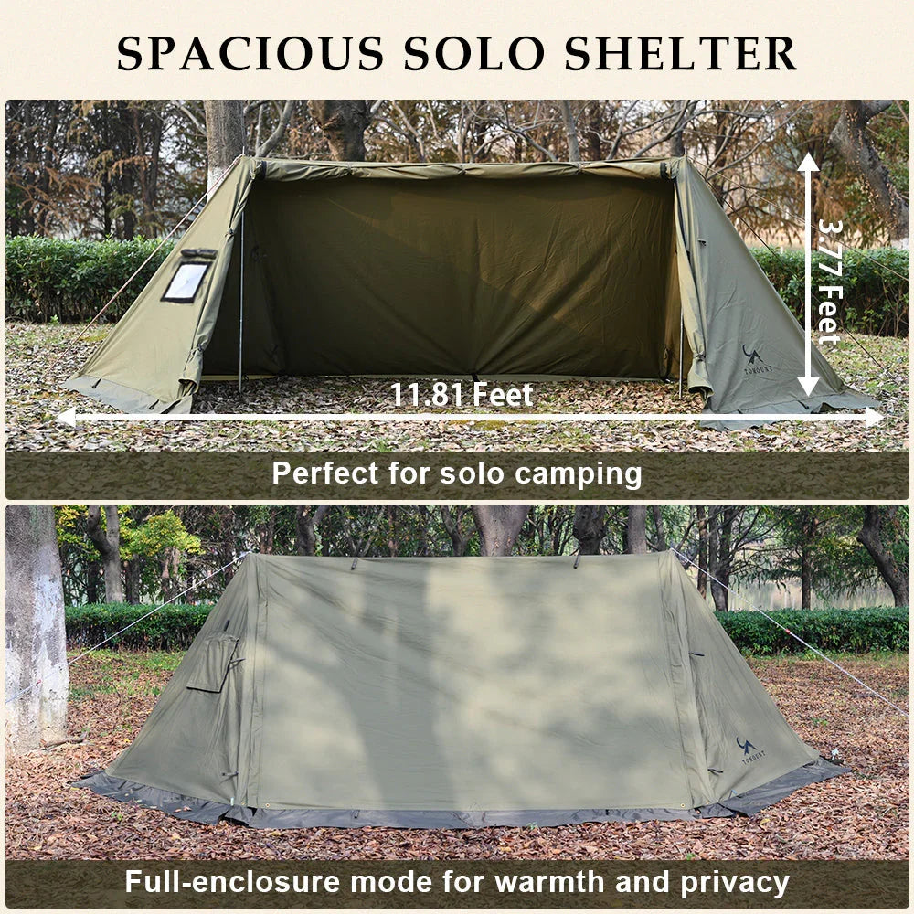 Spacious solo camping tent with full enclosure, olive green, set up outdoors in forest setting