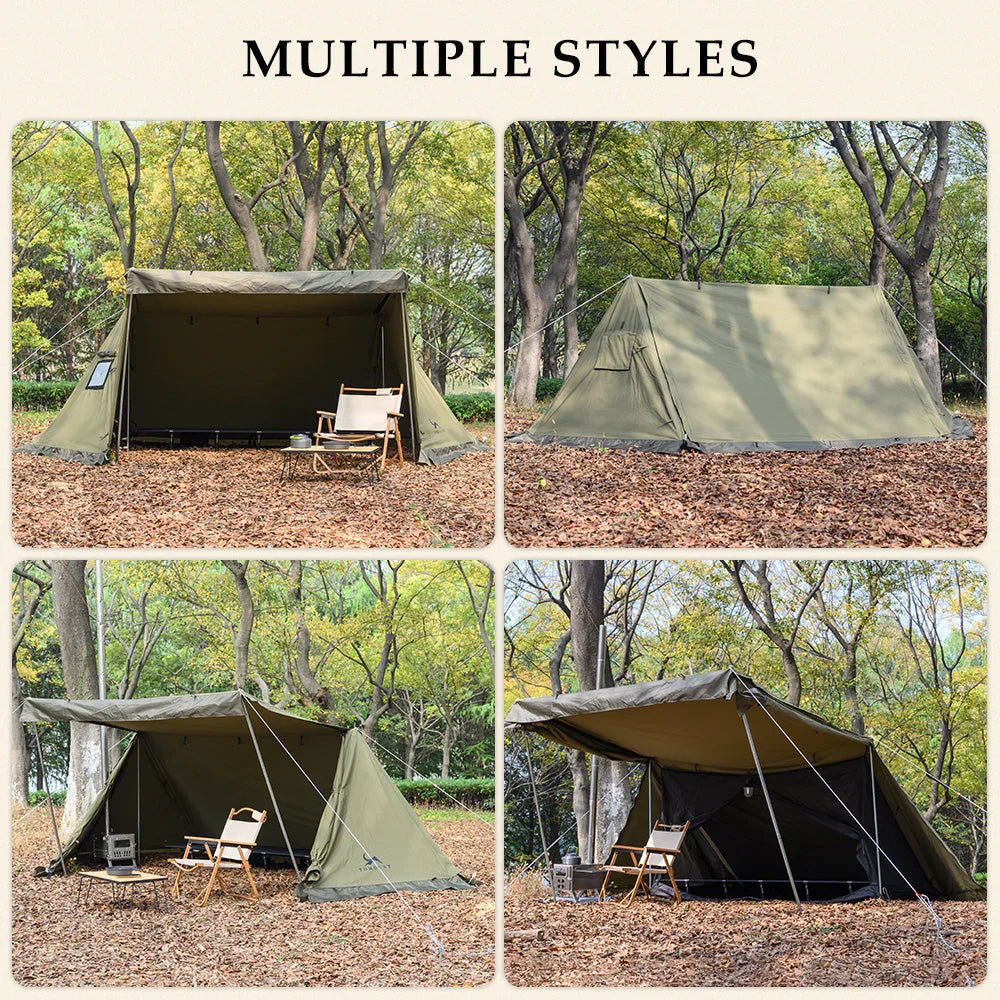 Collage of olive green camping tents in different outdoor setups among trees on leaf-covered ground.