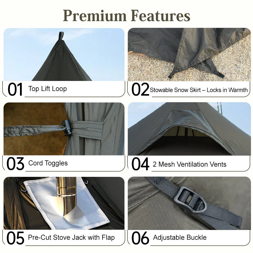 Tent premium features infographic with top lift loop, snow skirt, cord toggles, mesh ventilation vents, pre-cut stove jack with flap, and adjustable buckle.