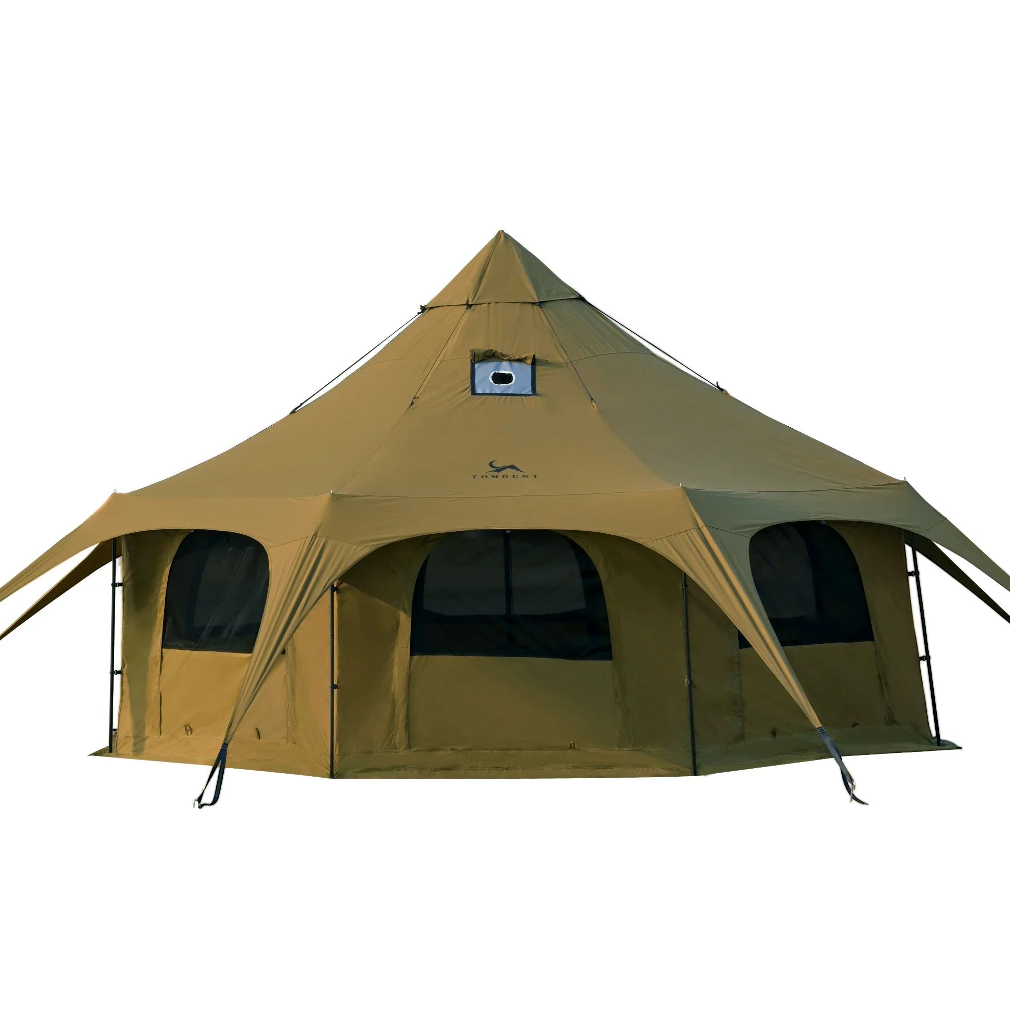 Large khaki canvas camping tent with multiple mesh windows and a pointed roof, outdoor shelter