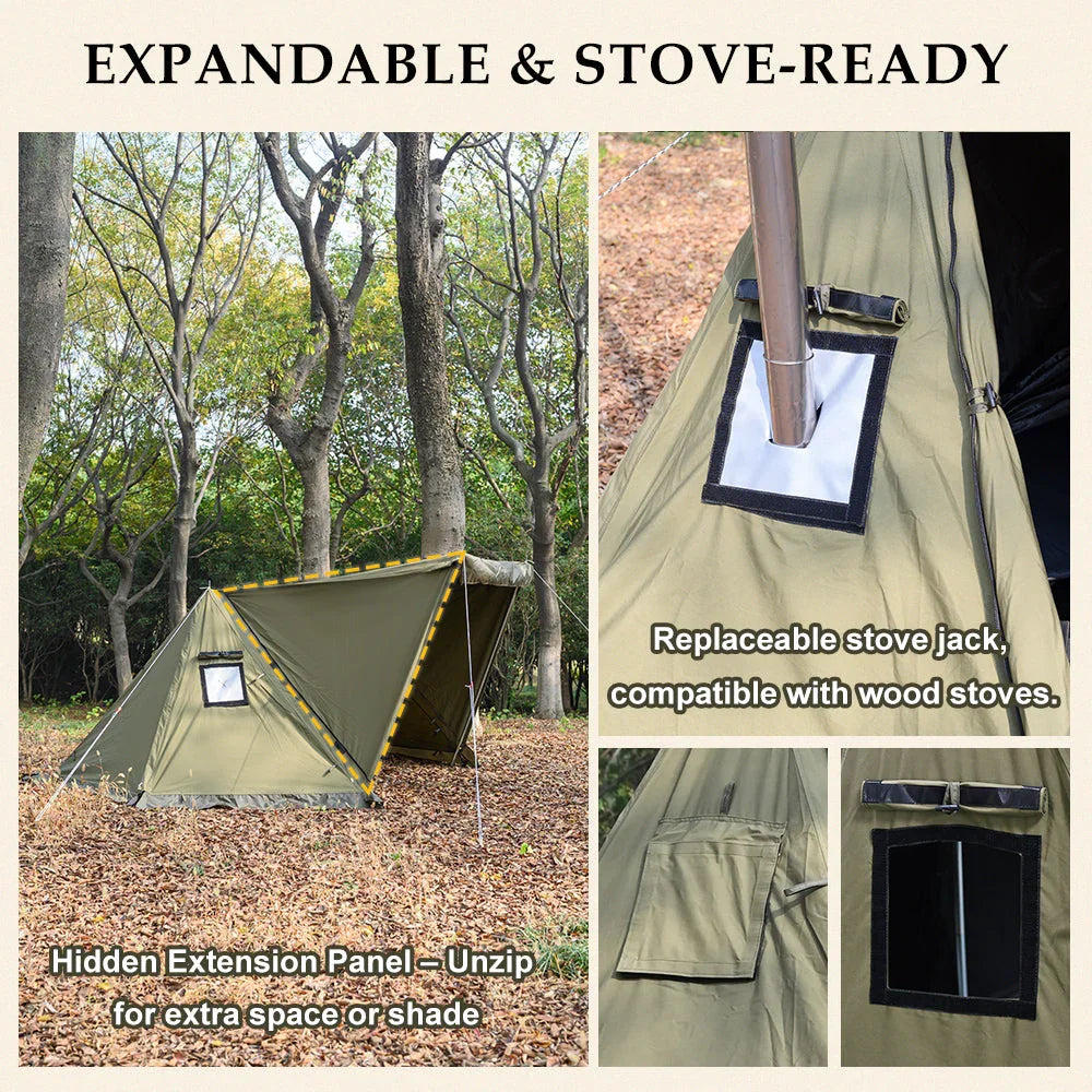 Expandable green camping tent with stove jack and hidden extension panel in forest setting