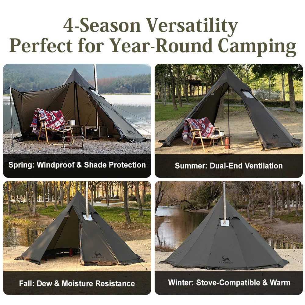 All-season camping tent by a lake and in the woods, showing spring, summer, fall, and winter versatility.