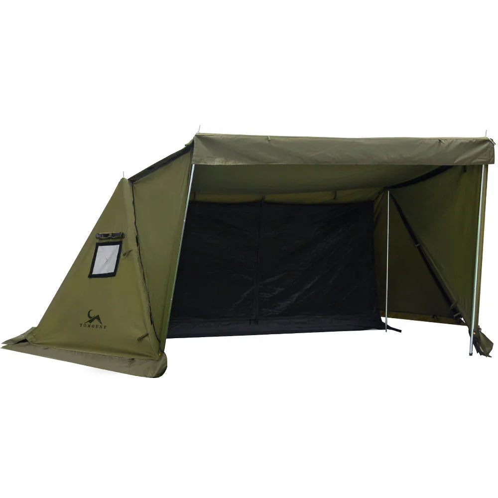 Green canvas camping tent with front awning and mesh door, set up for outdoor use