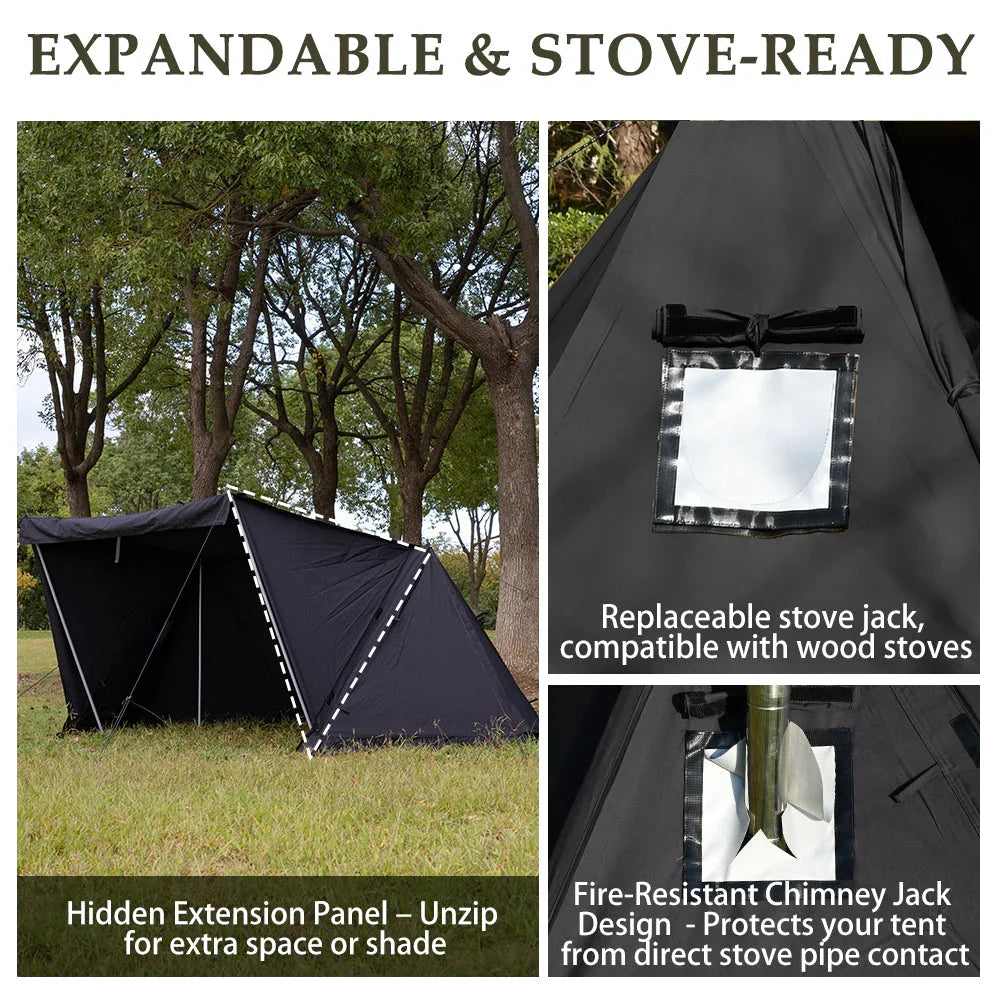 Expandable black camping tent with extension panel, stove jack, and fire-resistant chimney jack, set in a wooded outdoor area.