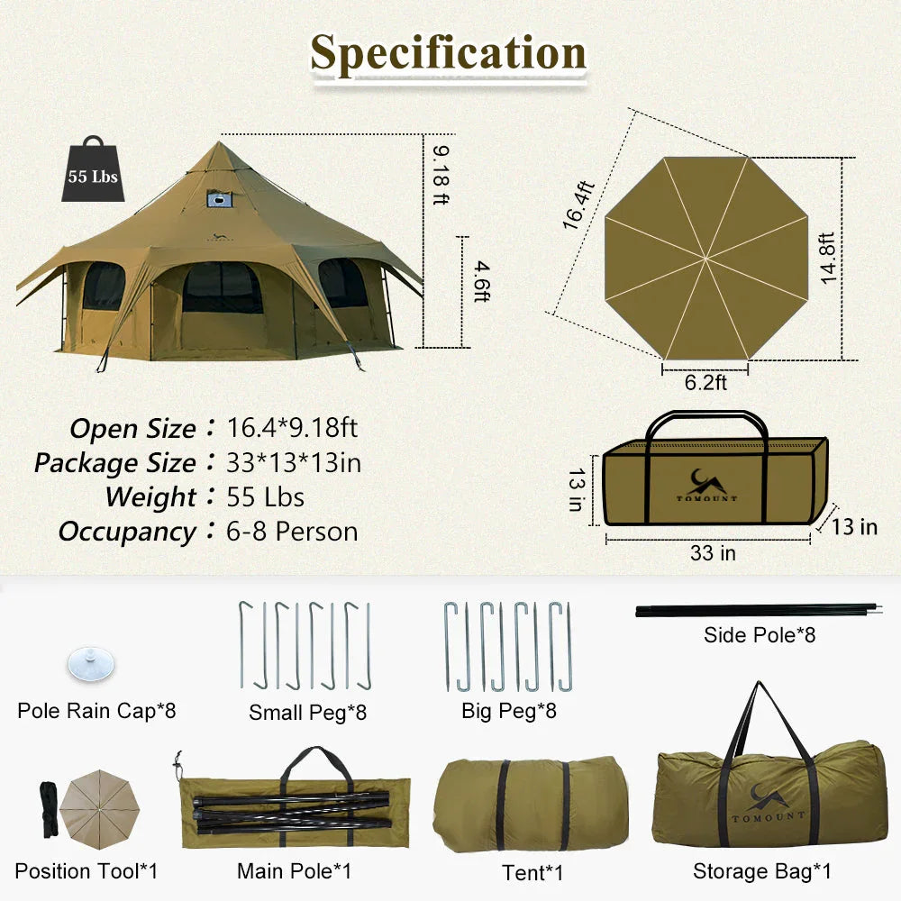 Large 8-person camping tent with dimensions, setup components, and carrying bag included.