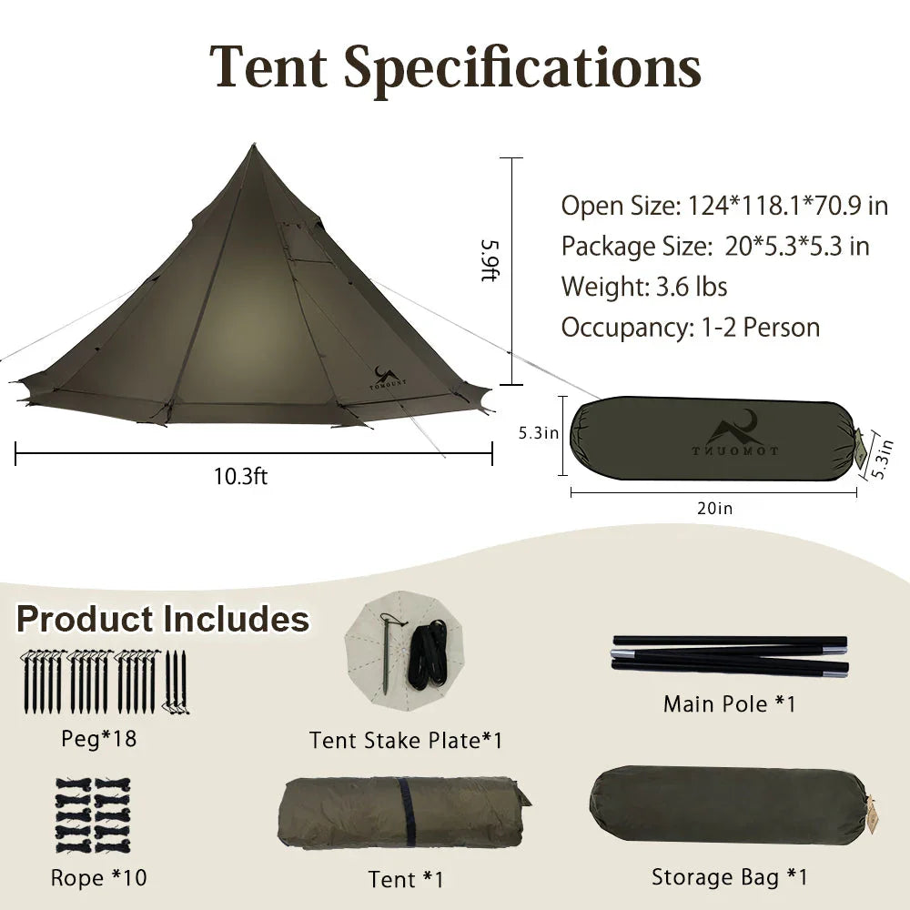 Lightweight 1-2 person camping tent with dimensions, accessories, and setup specifications.